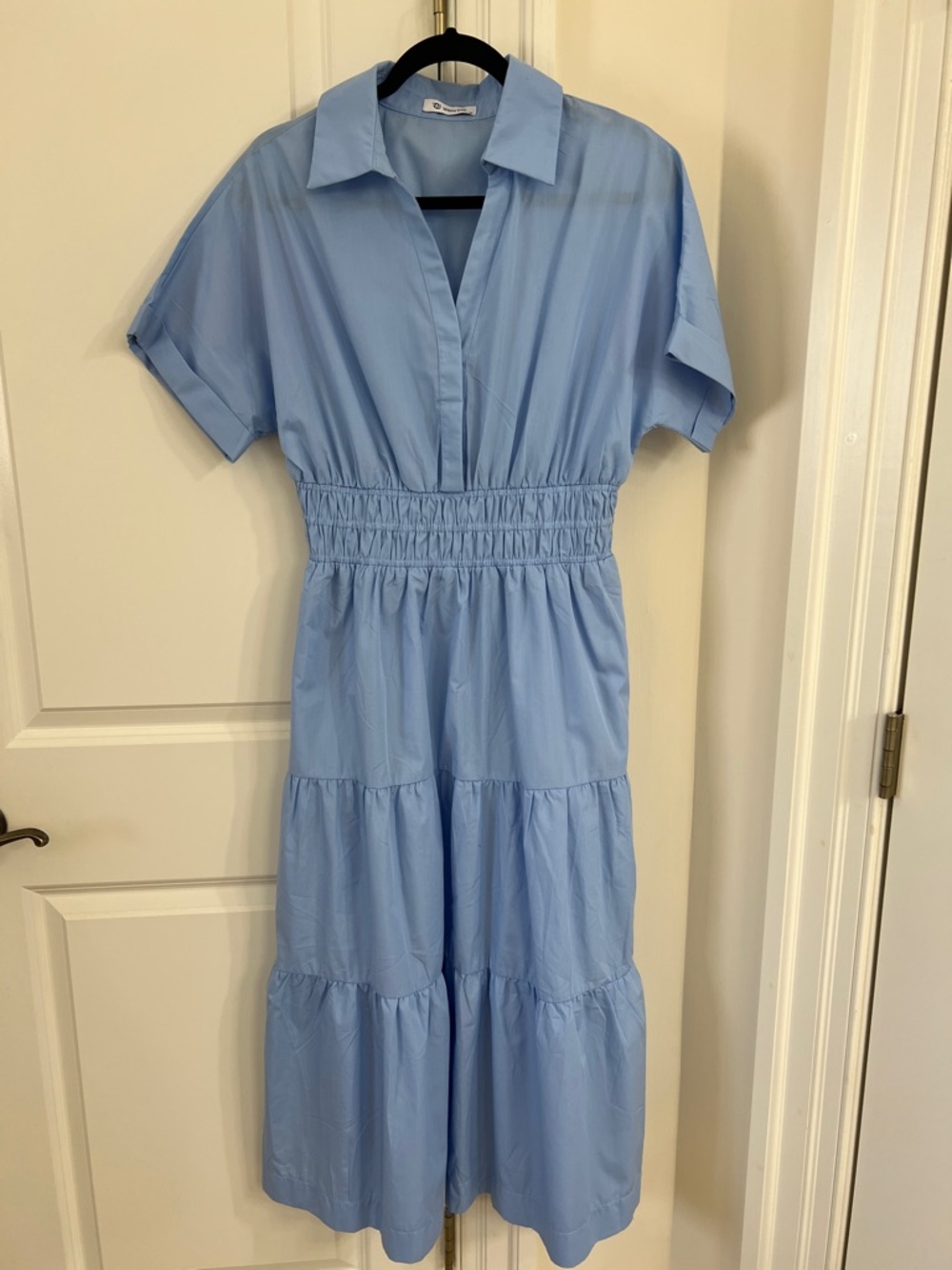 Collared Light Blue Midi Dress with Shirred Waist